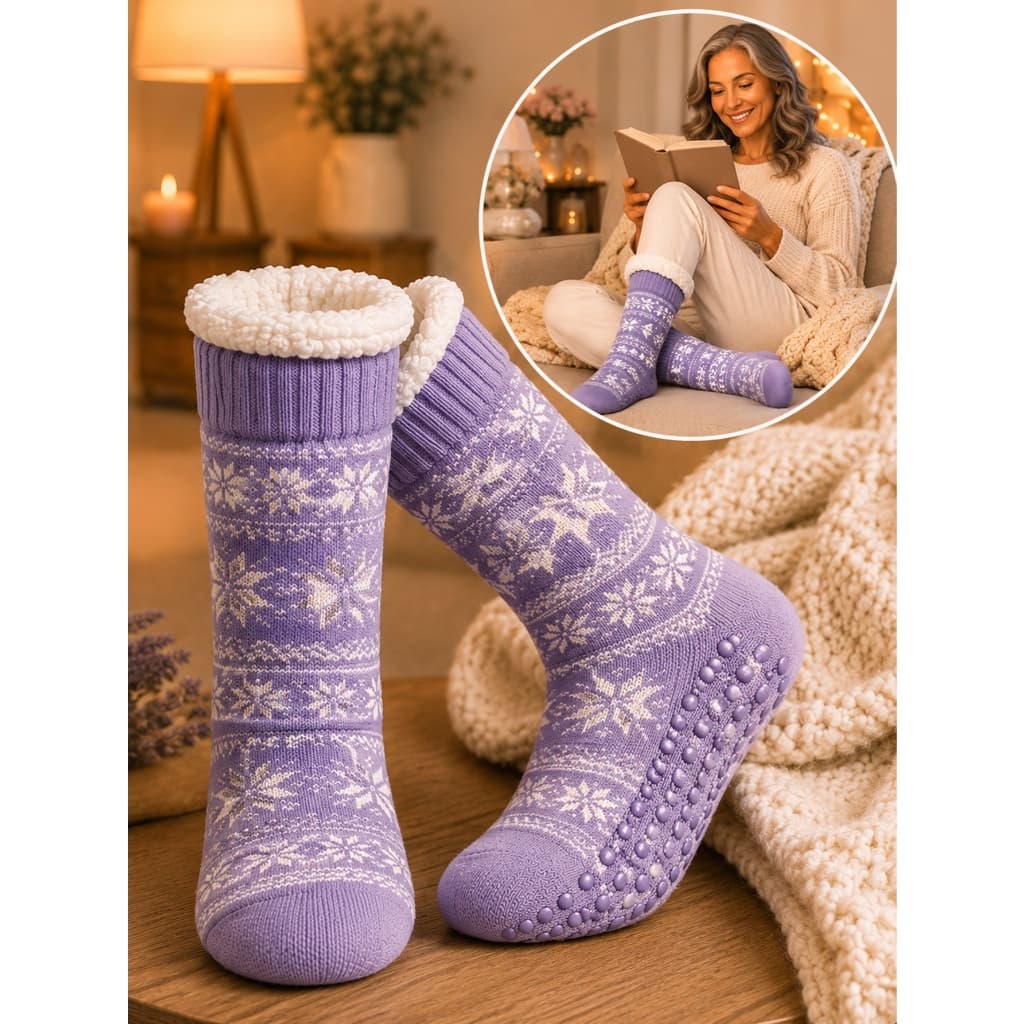 Meia de Inverno Feminina Grossa Térmica Forrada Lã Adulto Antiderrapante Frio