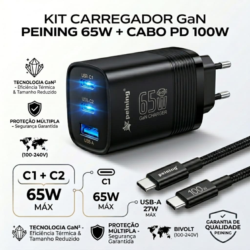 Carregador Ultrarrápido 65W Três Saídas USB-C e USB + Cabo PD 100w Turbo Original