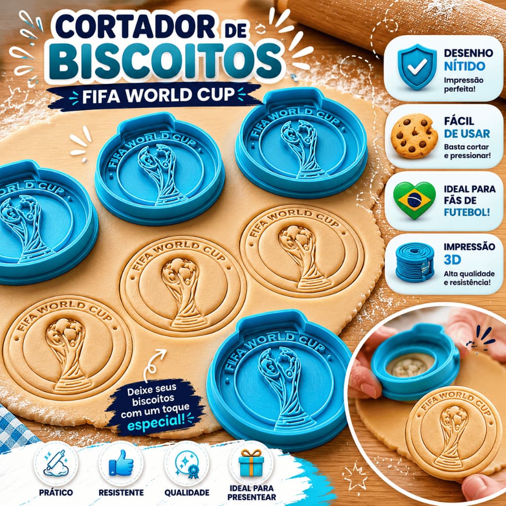 Cortador de Biscoitos Copa do Mundo | Molde Cookie FIFA World Cup 3D | Kit Confeitaria Futebol