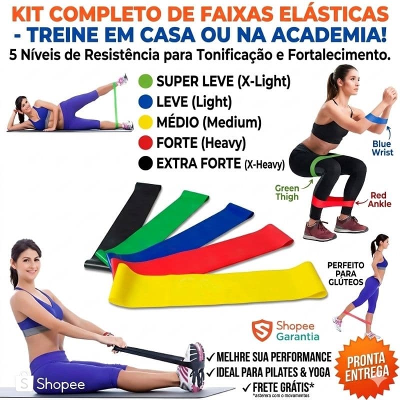 Faixas Elásticas Mini Band – kit de 5 faixas.Treino em Casa, Funcional e Fisioterapia