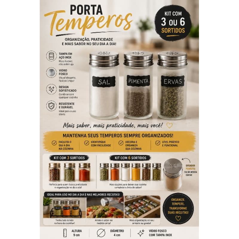 Porta temperos kit 3/6pçs vidro fosco tampa inox