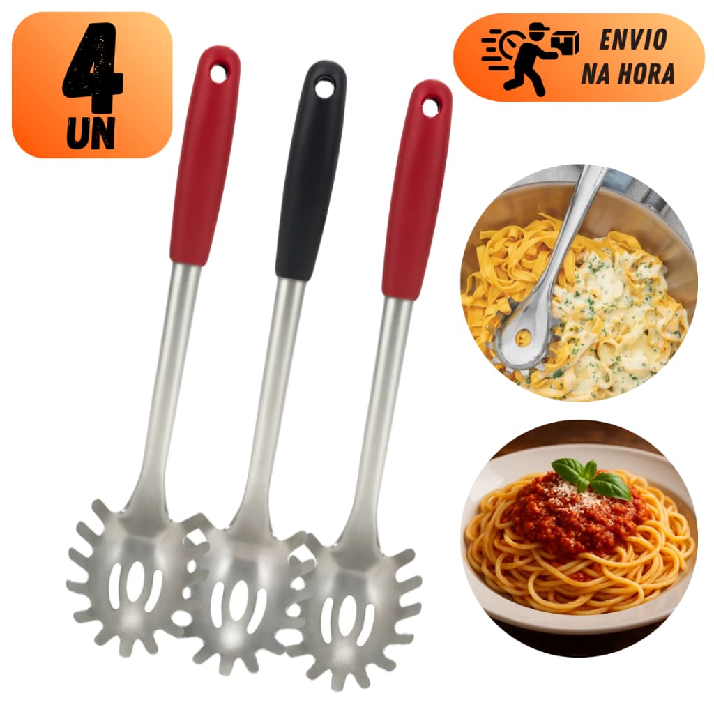 KIT PEGADOR DE MASSAS EM AÇO INOXIDÁVEL 29CM CABO PLÁSTICO MULTIUSO PARA COZINHA E RESTAURANTES