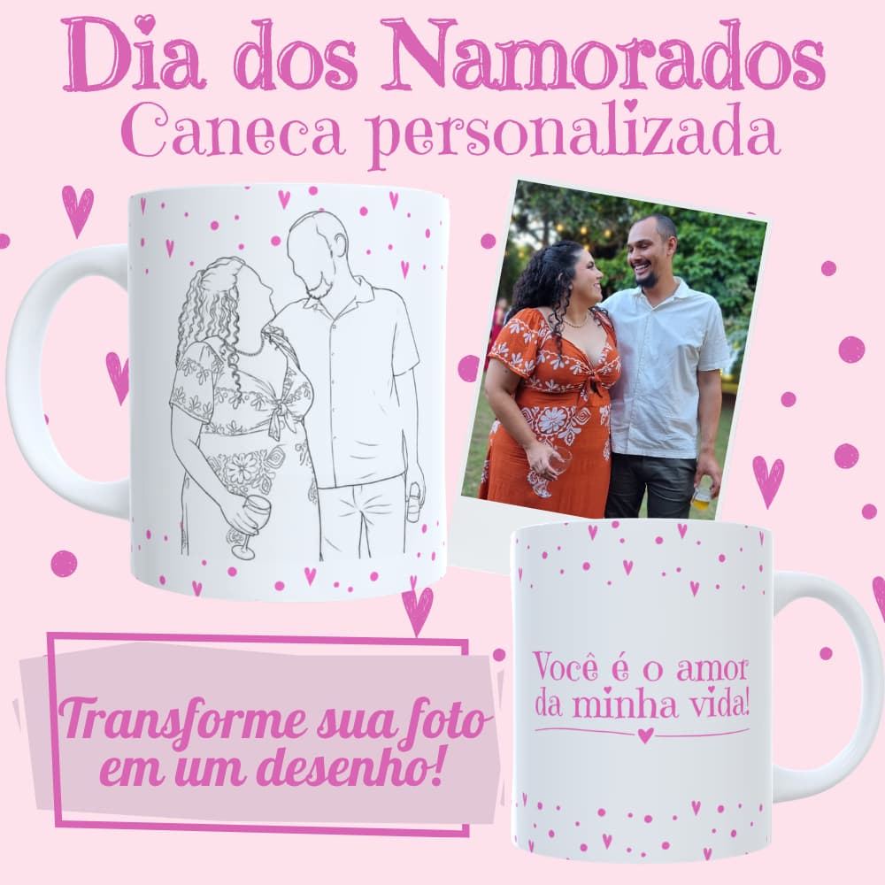Caneca Desenho Casal 325ml | Transforme sua foto | Presente Aniversário de Namoro, Casamento, Bodas
