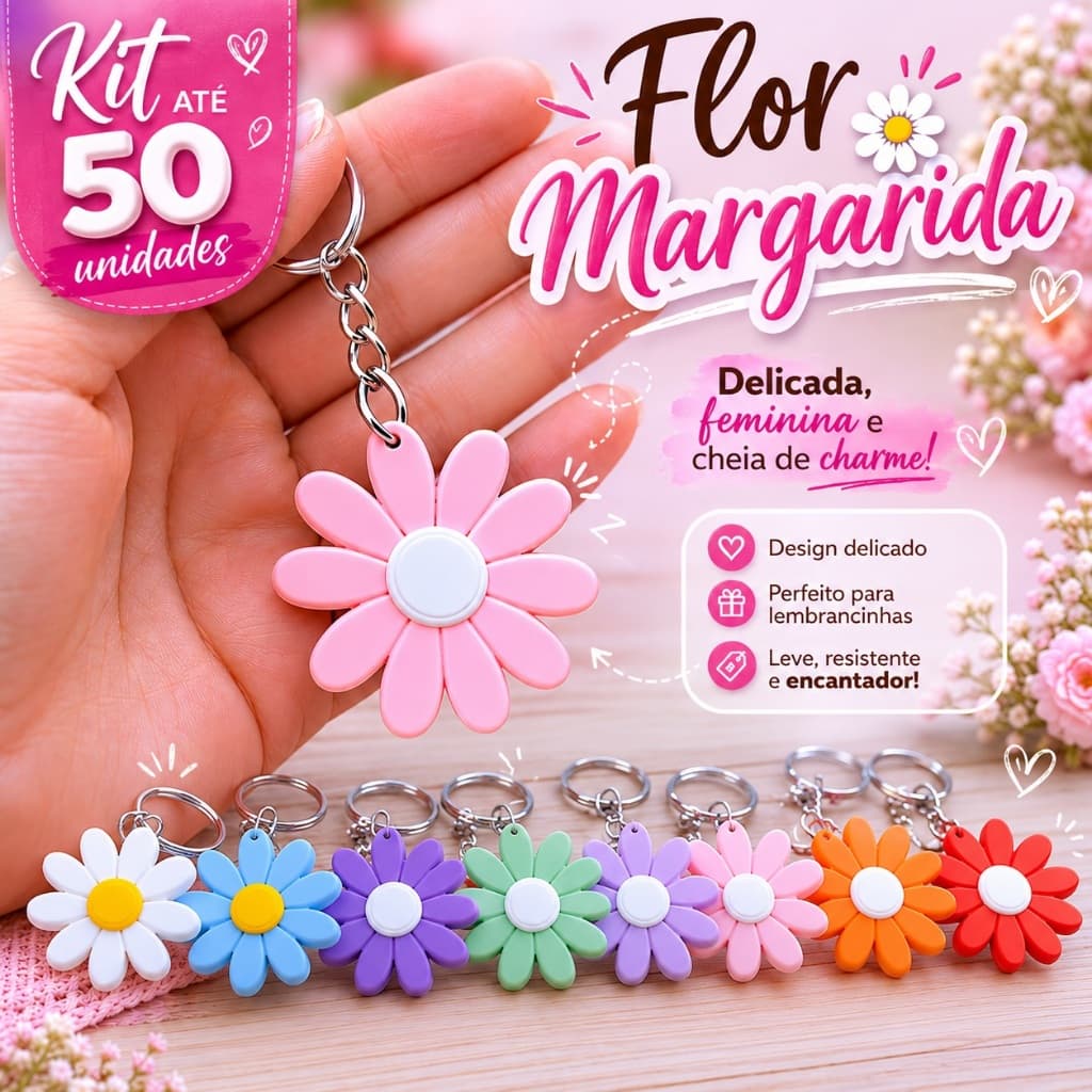 Kit 5 20 30 50 Chaveiro Margarida Lembrancinha Primavera Mimo Festa Aniversario Dia das Mães Namorados e Casamento