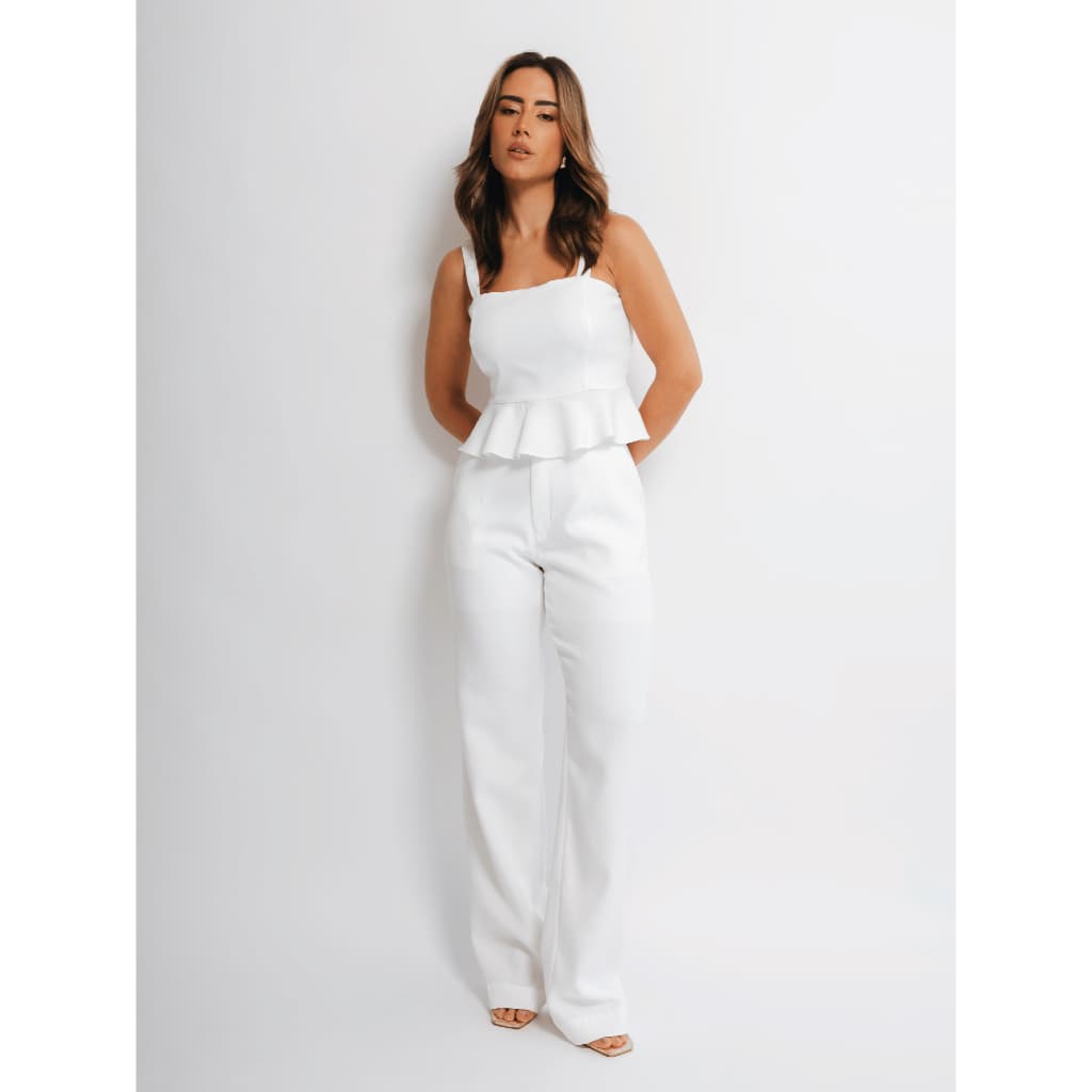 Conjunto Calça Wide Leg Pantalona Alfaiataria e Blusa Cropped Babado Elegante Casual Chic Festa