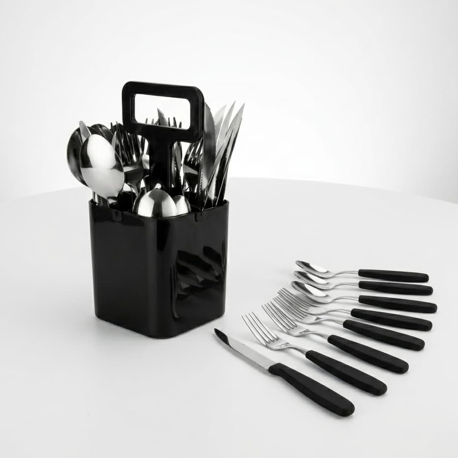 Conjunto Talheres 25 Peças Preto Moderno Cozinha Utensílios Premium Duráveis Refeições Aço Inox