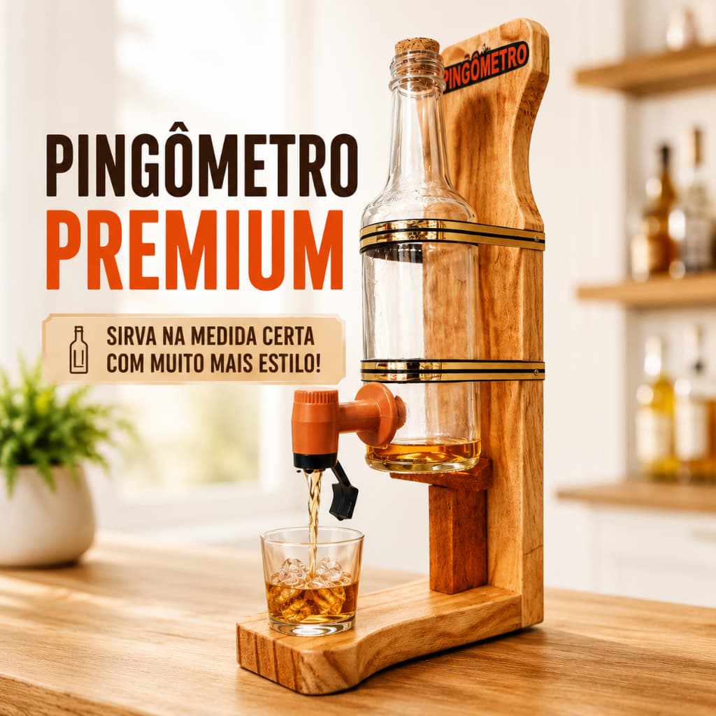 Pingometro Dosador de Bebidas 300ml Madeira e Vidro Dispenser Cachaça Bar Churrasco Gourmet