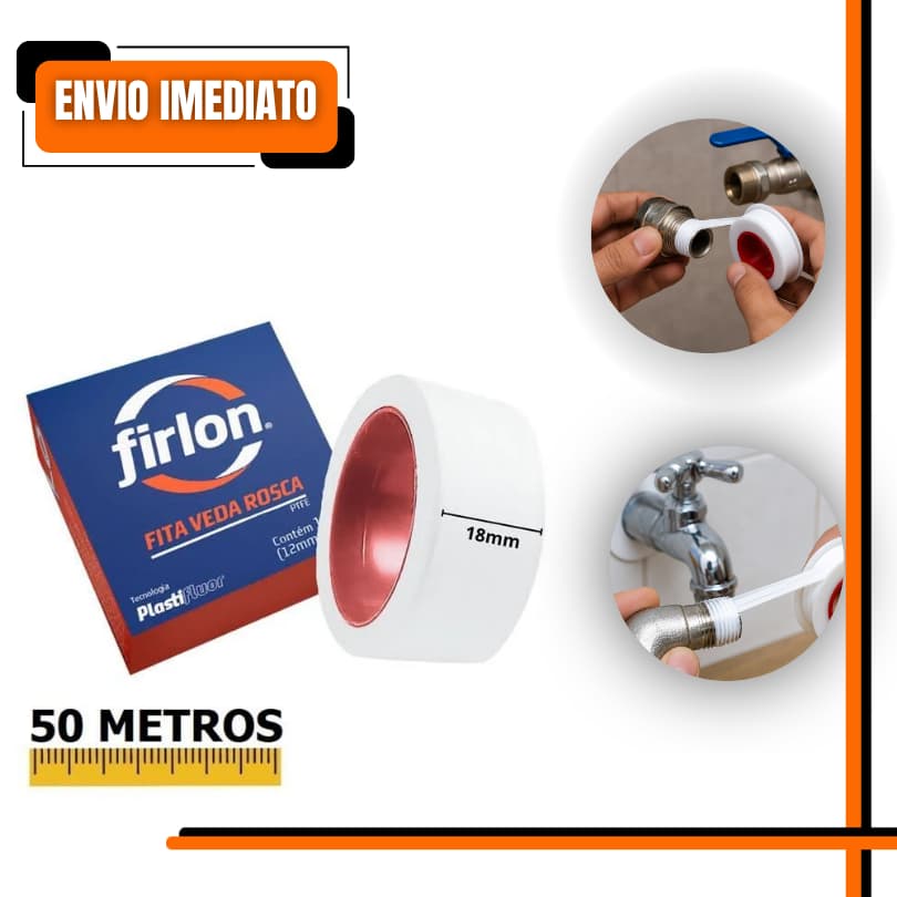 Fita Veda Rosca Firlon 18mm x 50m PTFE Vedação Rosqueável Hidráulica Alta Vedação