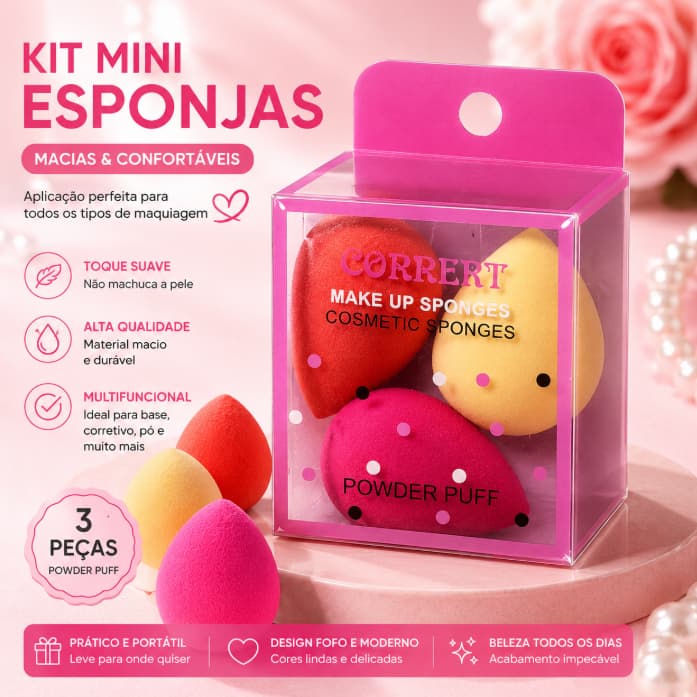 Kit 3 Mini Esponja C Caixinha  - Gota Para rosto e Maquiagem Base E Corretivo