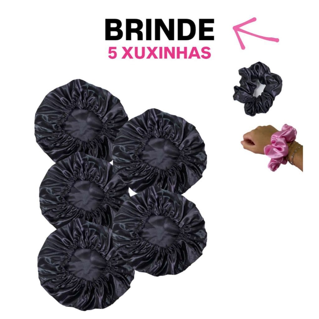 KIT 5 Toucas de Cetim Preta Antifrizz Para Dormir + 5 Xuxinhas de BRINDE Premium Tamanho Único