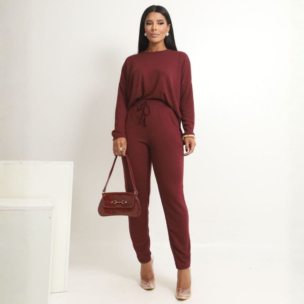 Conjunto Agasalho Feminino Malha Tricot Longo Moda Inverno Manga Longa Blusa E Calça Casual