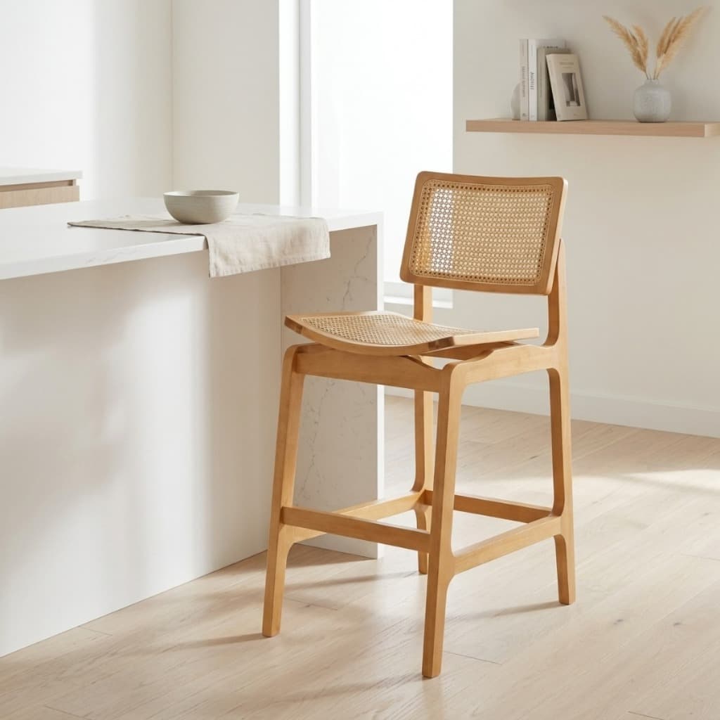 Banqueta Alta em Madeira Maciça com Encosto em Rattan Natural Premium Palhinha Design Sofisticado