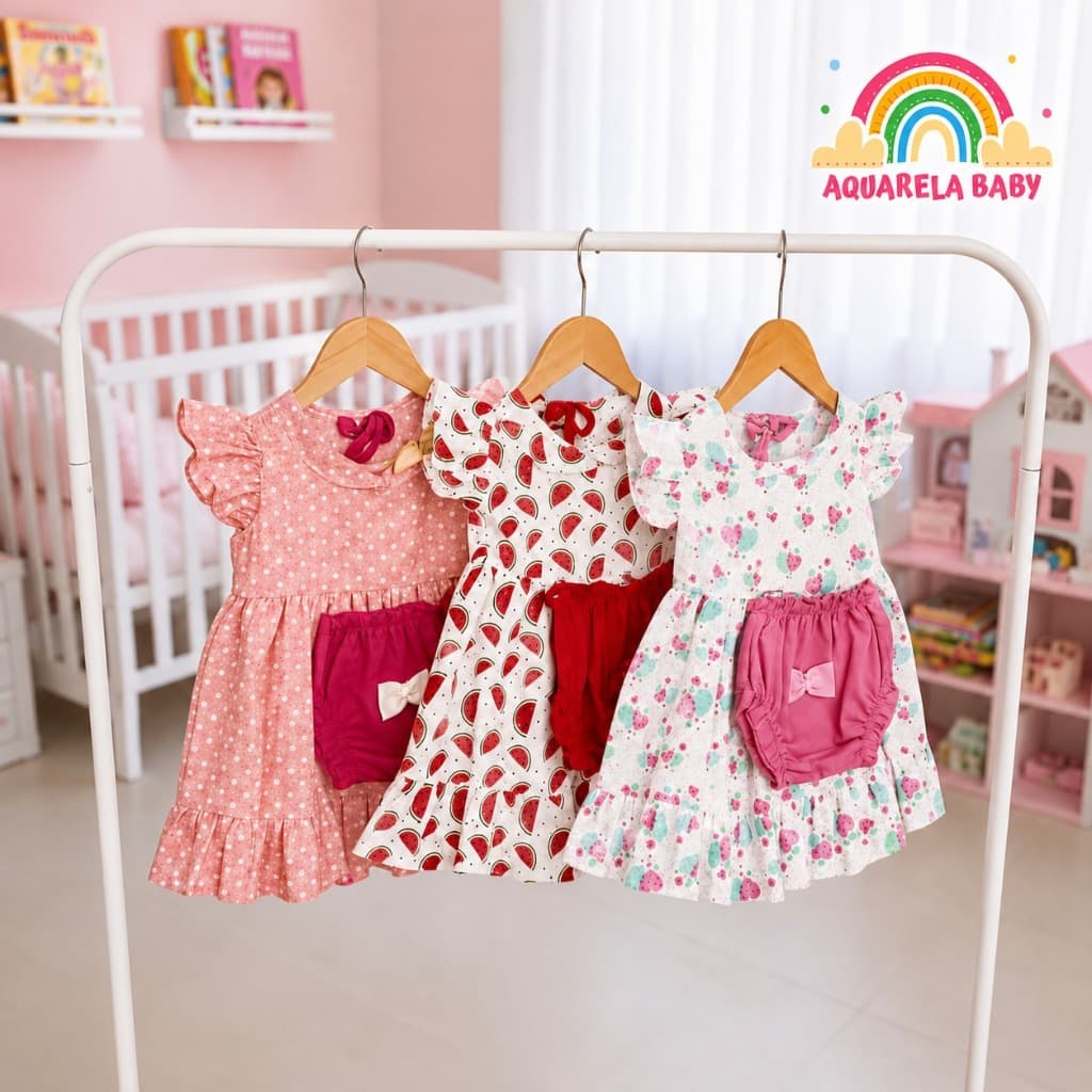 Vestido Infantil Menina Kit 3 Peças Conjunto Feminino Criança Pronta Entrega 0 a 4 Meses Sortidas