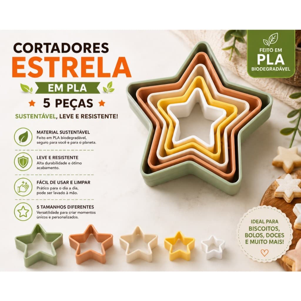 Kit Cortador Molde Estrela 5 Peças Biscuit-Biscoito-Pasta Americana-Confeitaria