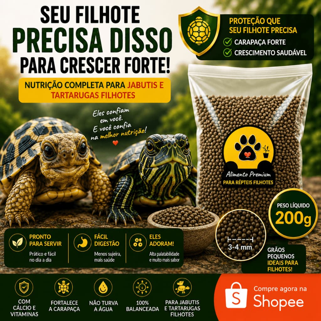 Ração Para Tartaruga Jabuti Tigre D’Água Filhote Premium com Cálcio Casco Forte Extrusada Crescimento Saudável 200g