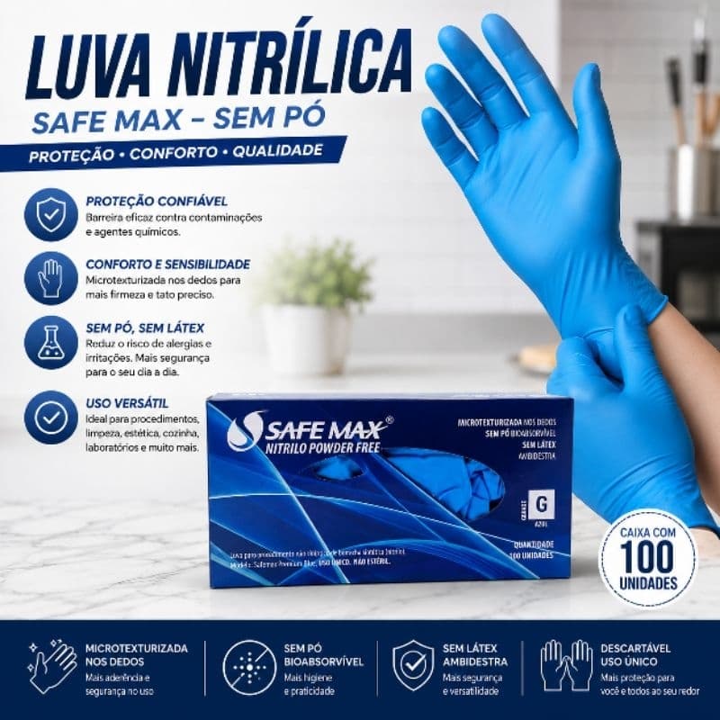 Luva Nitrílica Descartável 100un Profissional Procedimento Estética Tatuagem Sem Pó M G
