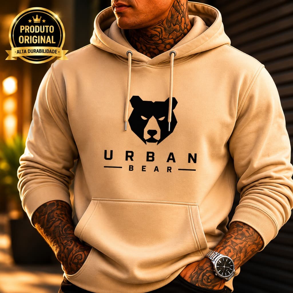 Moletom Canguru Flanelado Estampado Urban Bear Blusa De Frio Estiloso Masculino Unissex Capuz Bolso Frontal Lançamento
