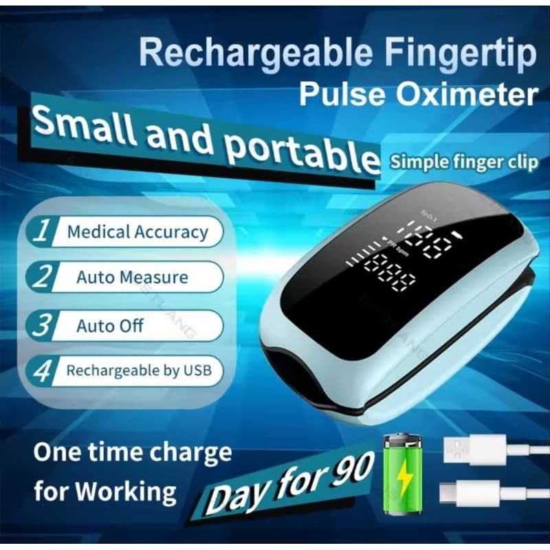 Oxímetro de Dedo Recarregável USB Azul - Monitor de Saturação de Oxigênio