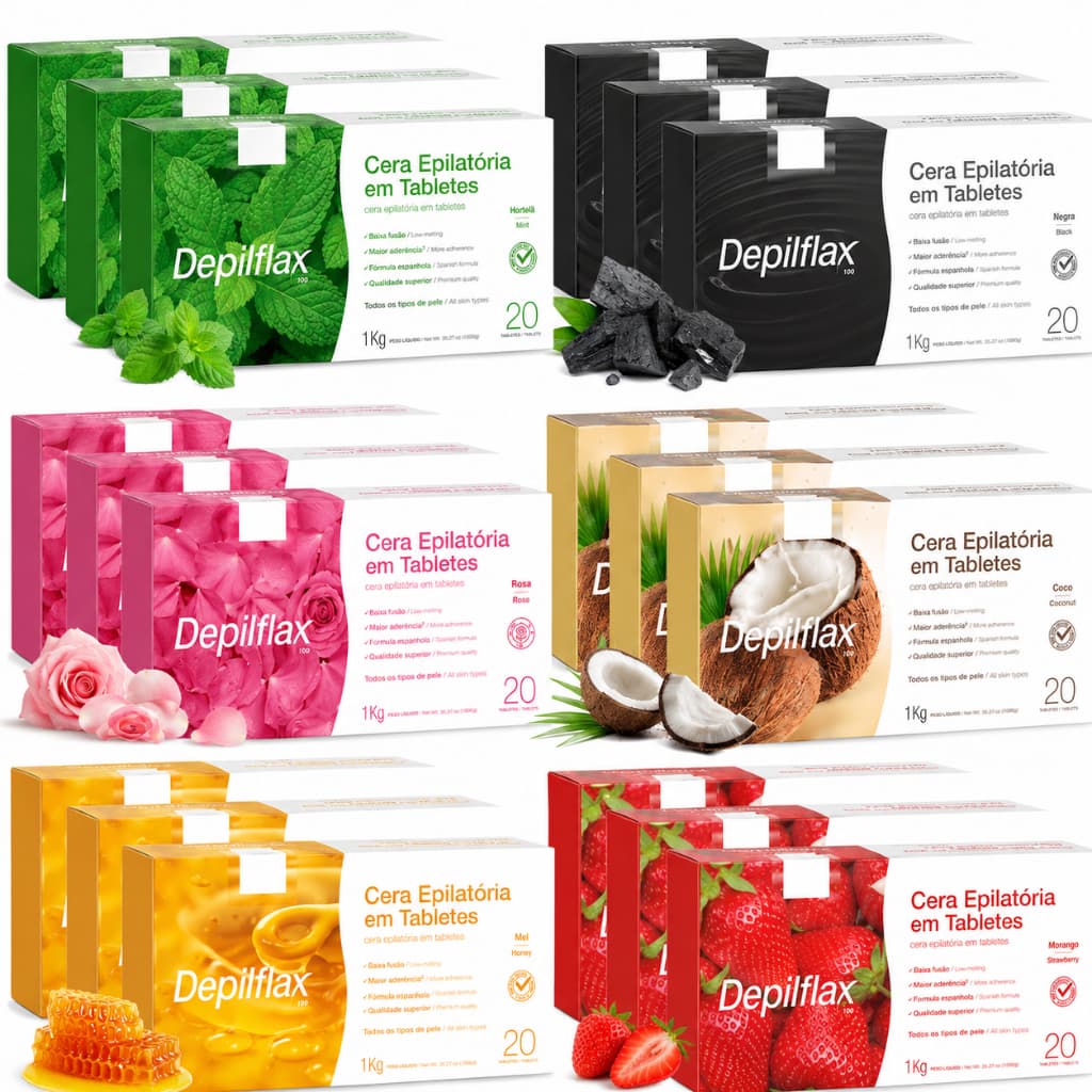 Kit 3 Caixas Cera Quente Depilatória Espanhola Natural Coco Negra Hortelã Rosa Morango Depilflax 3Kg