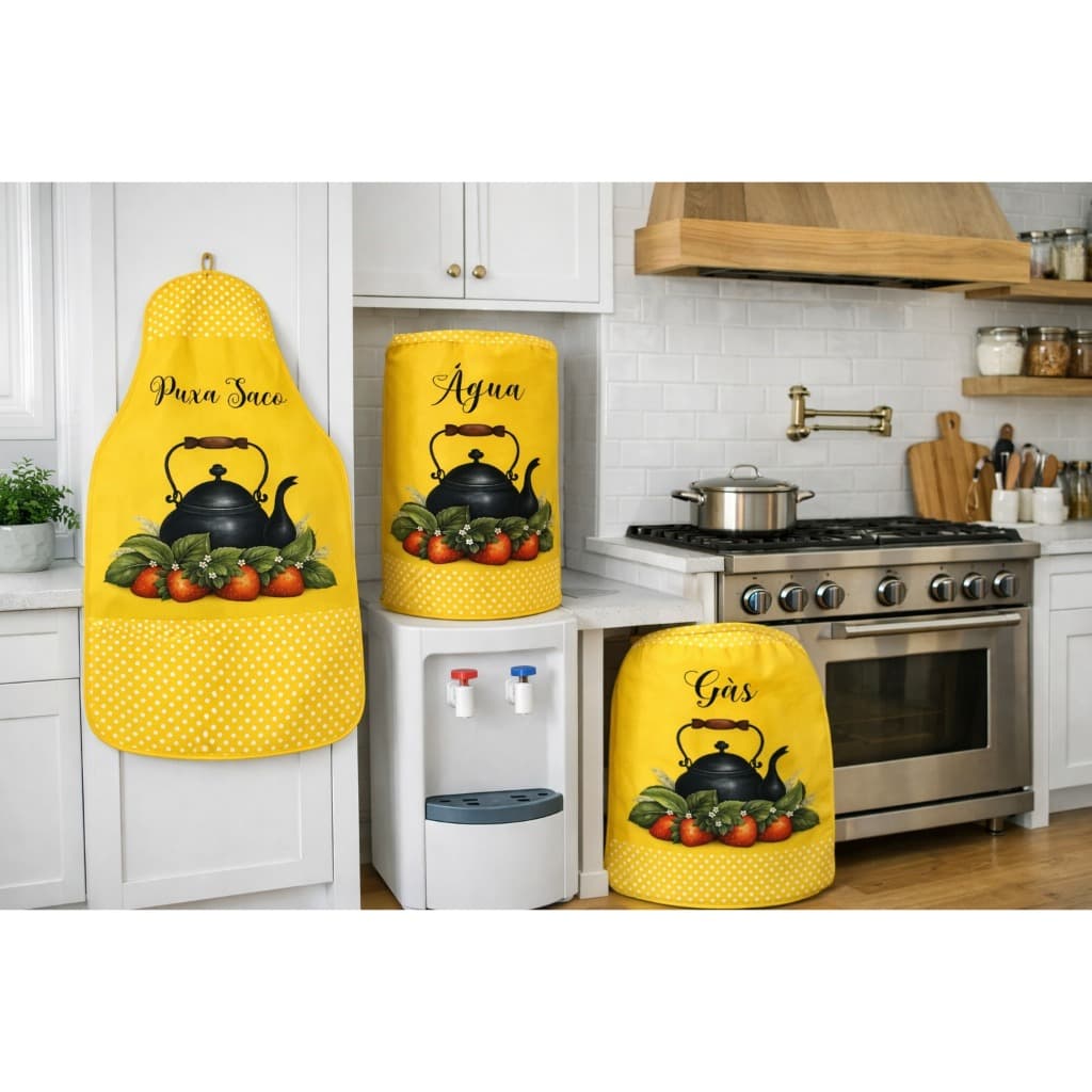 Kit de Cozinha c/ 03 peças Bordado Capa de Galão, Botijão e Puxa-Saco Decoração Casa
