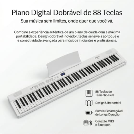 Piano dobrável de 88 teclas, piano elétrico sensível ao toque para iniciantes, teclado portátil, com suporte para partit