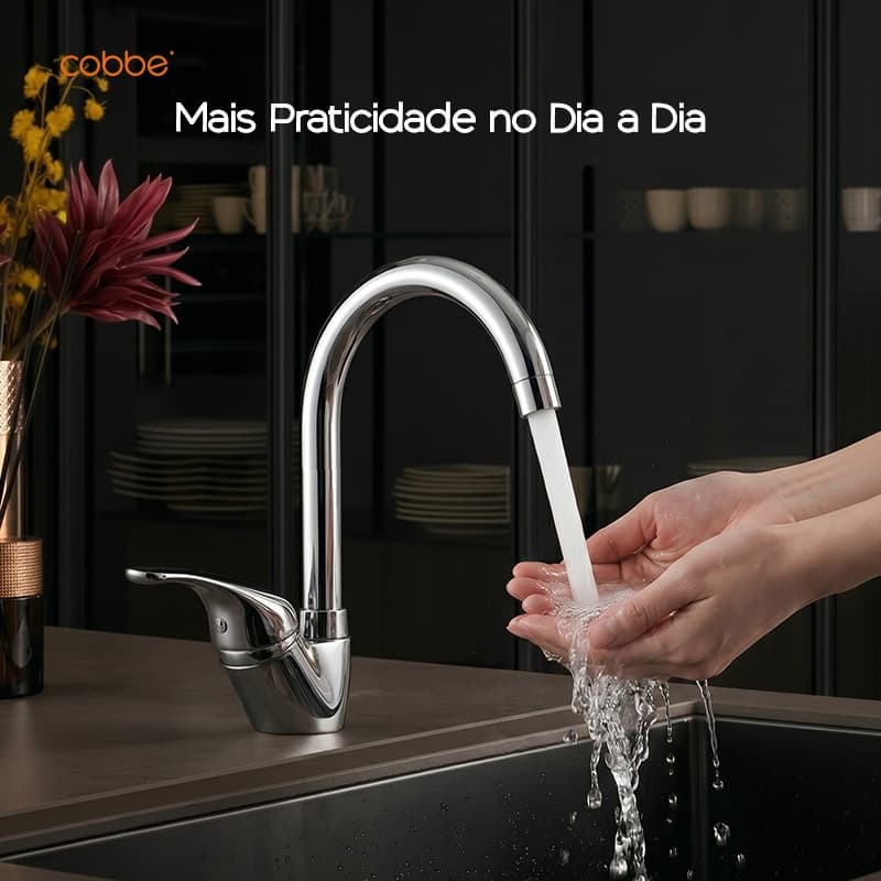 【Vias Independentes】Torneira Gourmet Pia de Cozinha Monocomando Quente e Fria Bica Alta Cromada Corpo Monobloco Heemli