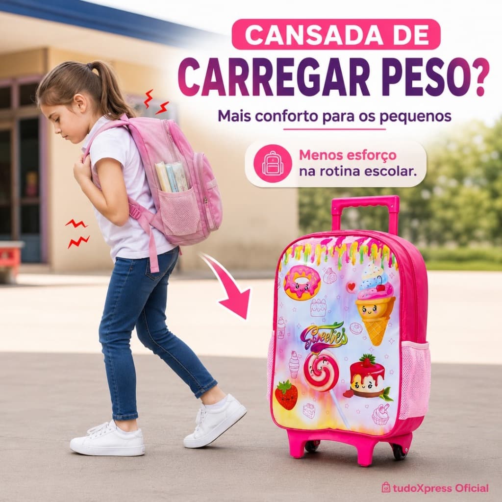 🎒 Mochila de Rodinhas Infantil Escolar Menina Rosa Sweeties 🍬✨