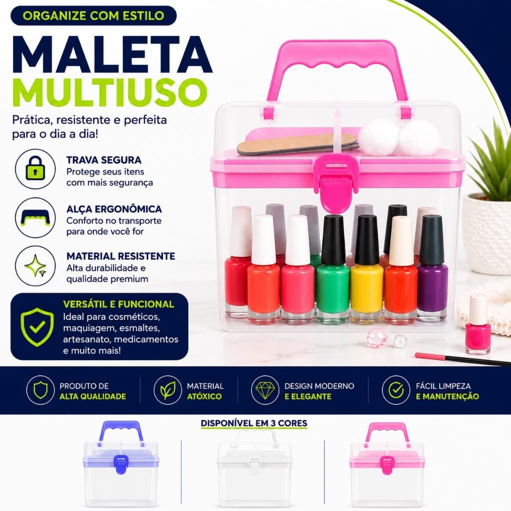 Maleta Transparente com Trava e Alça Várias Cores – Organização Fácil Para Esmaltes