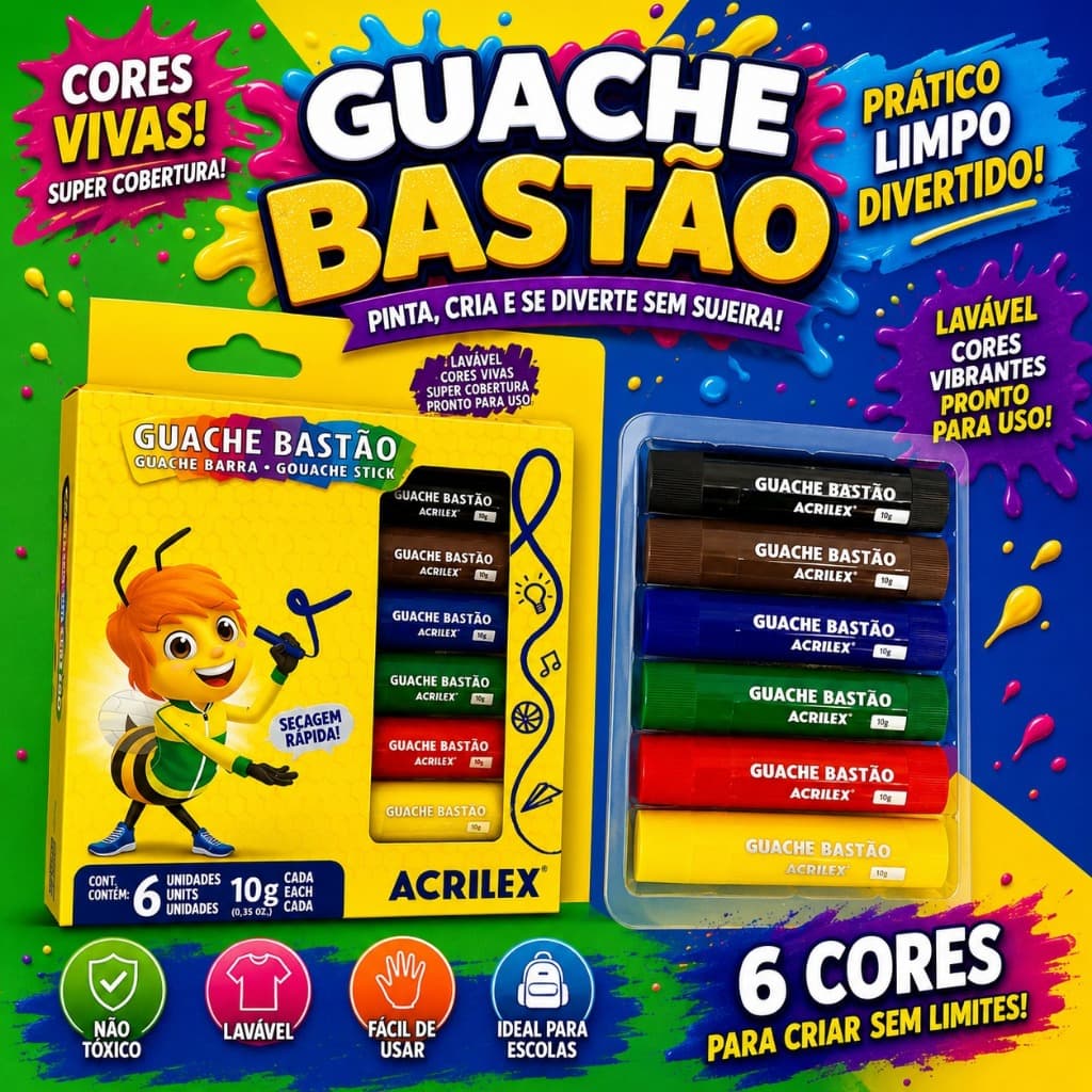 Tinta guache bastão 6 cores  Acrilex