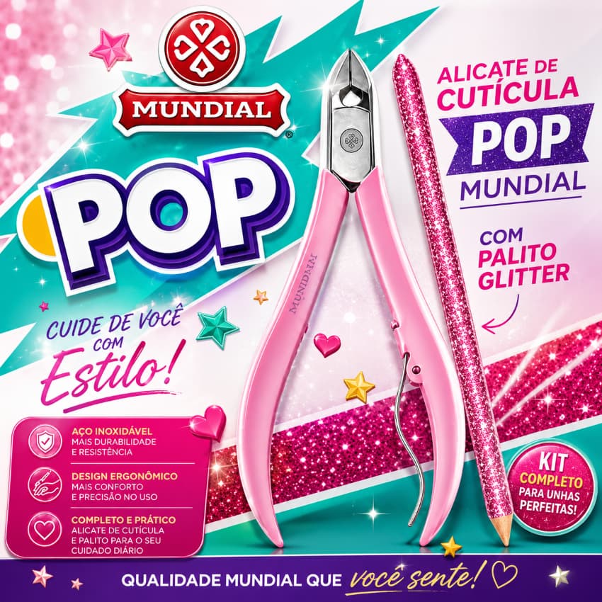 Alicate de Cutícula Mundial Pop + Palito Glitter | Aço Inoxidável | Precisão Profissional