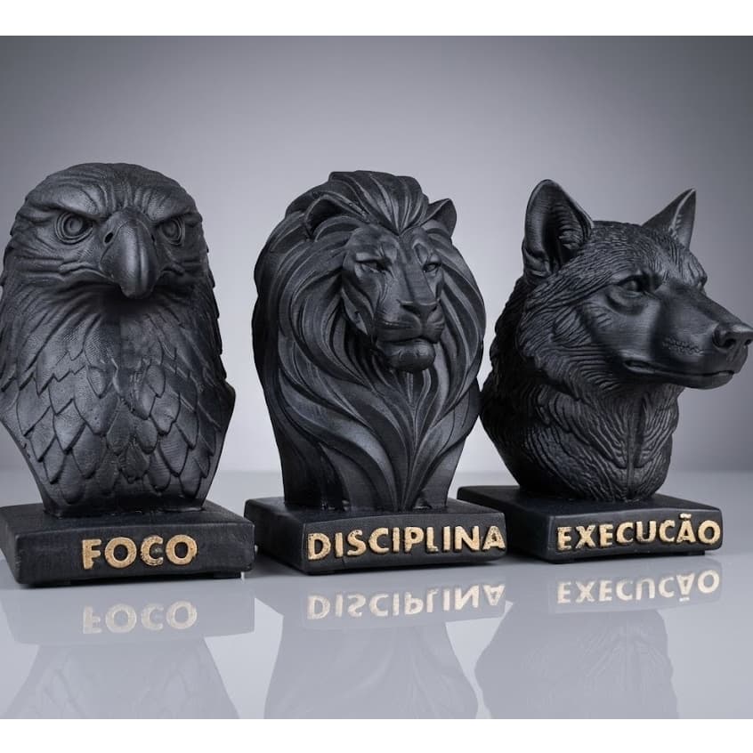 Trio Motivação Esculturas Decorativas Leão Lobo Águia  Enfeite Mesa Sala Escritório Premium