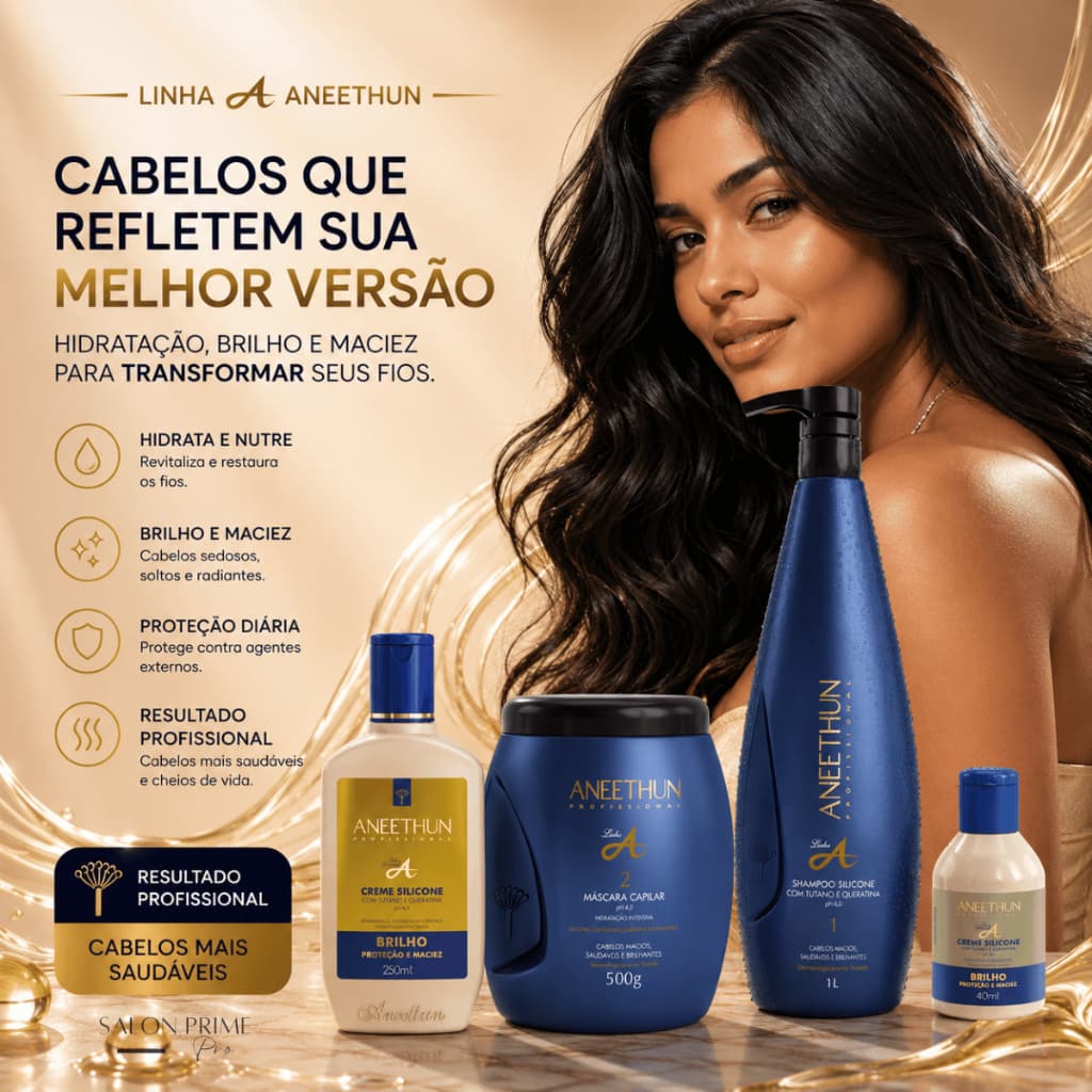 Kit Capilar Aneethun Linha A Hidratação Shampoo 1L Máscara 500g e Creme Silicone 250ml Para Cabelos Secos e Ressecados