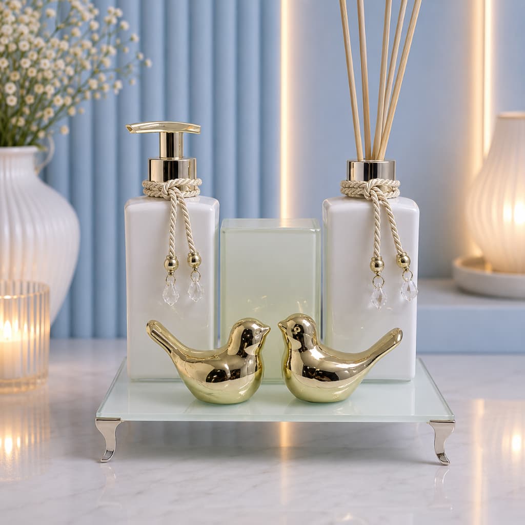 Kit Lavabo Passarinhos Porta Escova + Bandeja Aromatizador Porta Sabonete Líquido Casa Decoração