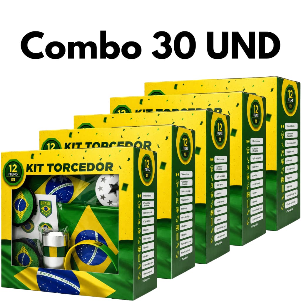 Combo com 30 Kits Torcedor Brasil 12 Peças Completo Atacado Revenda Copa do Mundo Envio Imediato