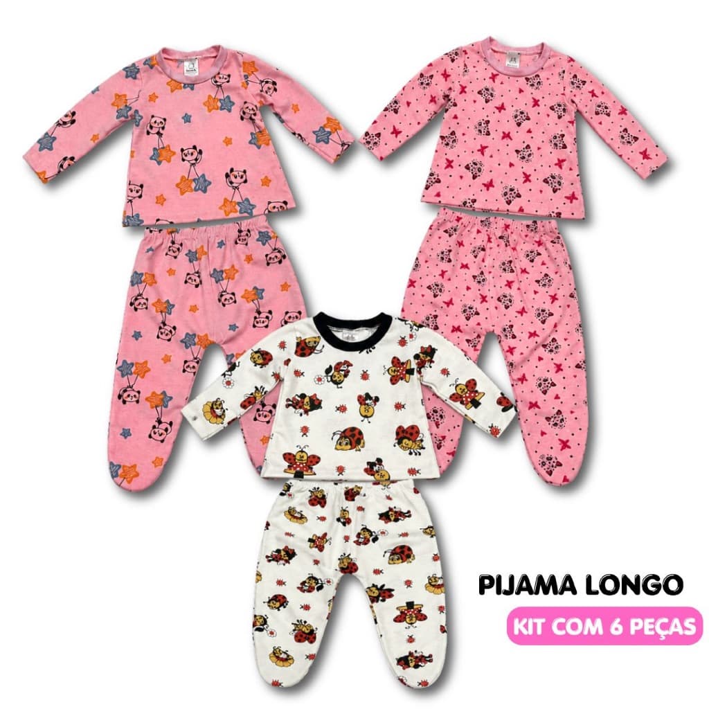 Kit 6 Peças Pijama Mijão Longo Bebê Menina 100% Algodão 3 Conjuntos RN ao GG