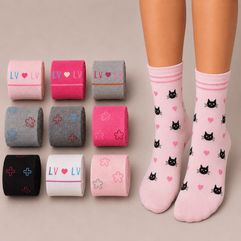 Kit 9 Pares de Meia Feminina Cano Alto Confortável e Versátil Tecido de Algodão Macio Sortidas