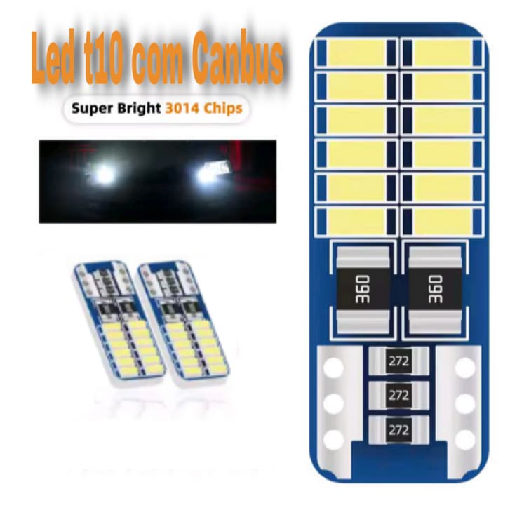 Par Lampadas Led T10 w5w Com Canbus 3014 24smd90 (24 Leds), 6000k, Super Branca, 12V
