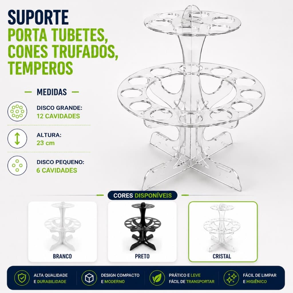 Suporte Expositor de Cones Trufados e Tubetes em Acrílico - 18 Furos / 2 Andares