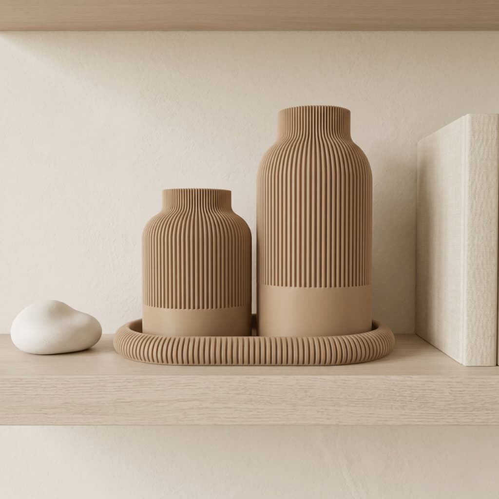 Kit 2 vasos decorativos com bandeja Canelada Minimalista Moderno Vasos Decoração Sala Rack Mesa Quarto Prateleira