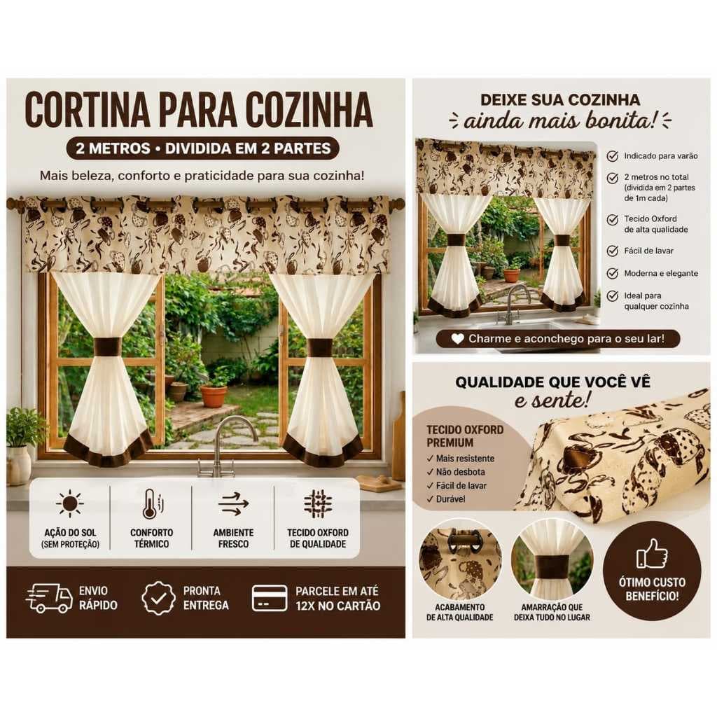 Cortina De Cozinha / gourmet e Copa  2,60m X 1,40m Para Varão Simples bege / Marrom