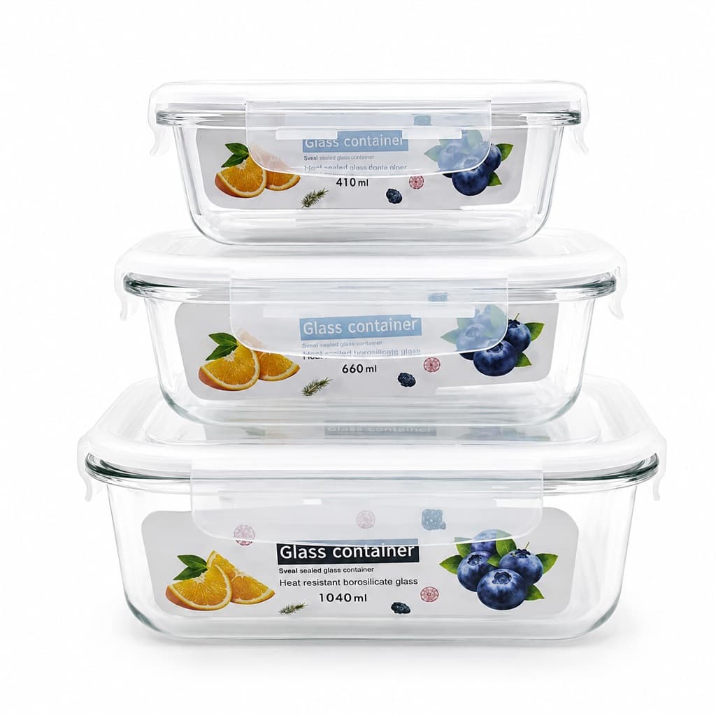 Kit 3 Potes Vidro Hermético Marmita Fitness Vedação Total Forno Microondas - 410ml 680ml 1040ml