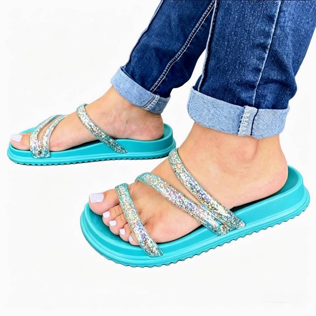 Sandália Feminina Papete Birken Tiras Glitter Coloridas Confortável e Leve Macia