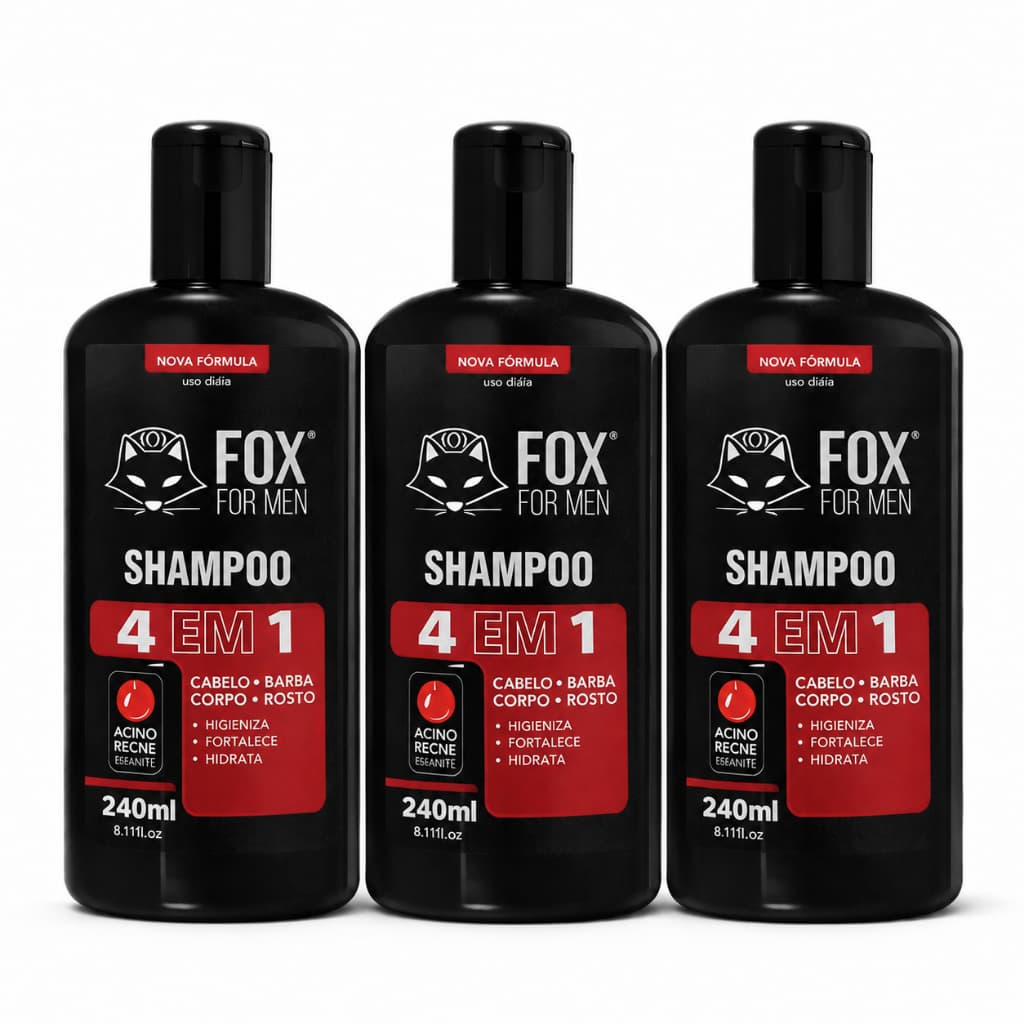 Kit 3 Shampoo 4 Em 1 240ml Fox For Men Com Extrato Mandioca Para Hidratação do Cabelo Barba e Corpo