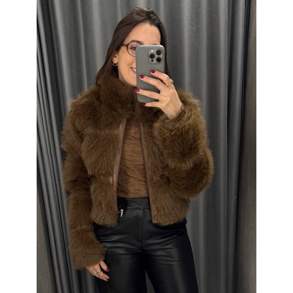 CASACO PELE FAKE PUFFER FEMININO CROPPED INVERNO QUENTINHO PELUCIADO LUXO VÁRIAS CORES