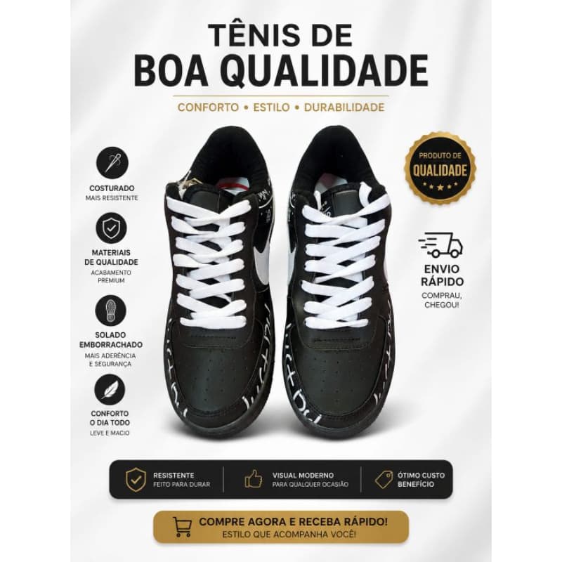 Tênis Casual Preto Masculino/Feminino Estiloso Confortável Moda Urbana 🚀