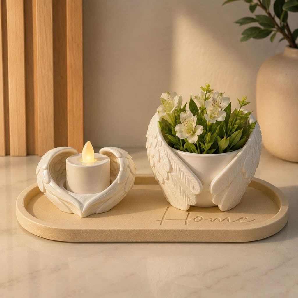 Kit Decorativo Asas com Porta Vela LED e Vaso Decorativo Base Home Bege ou Granito