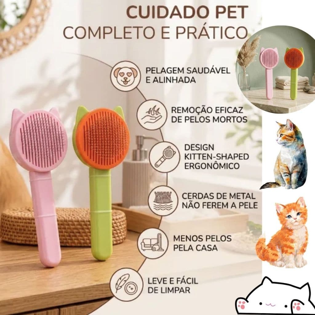 Escova Removedora de Pelos Pet Gatos com design Formato Gato leve Pratica e Eficiente cerdas de metal