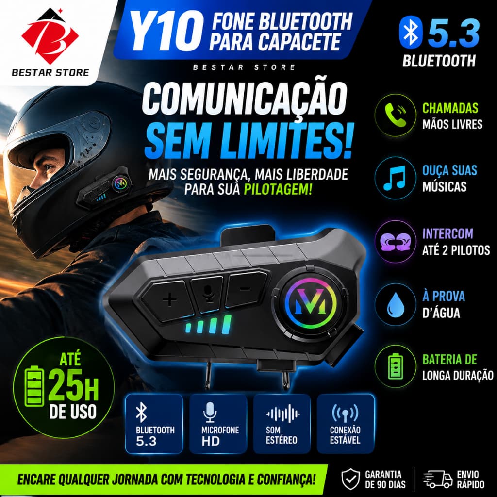 BESTAR LOJA Y10 Motocicleta Sem Fio Bluetooth 5.3 Fone de Ouvido Capacete Kit de Chamadas Mãos Livres À Prova D'Água