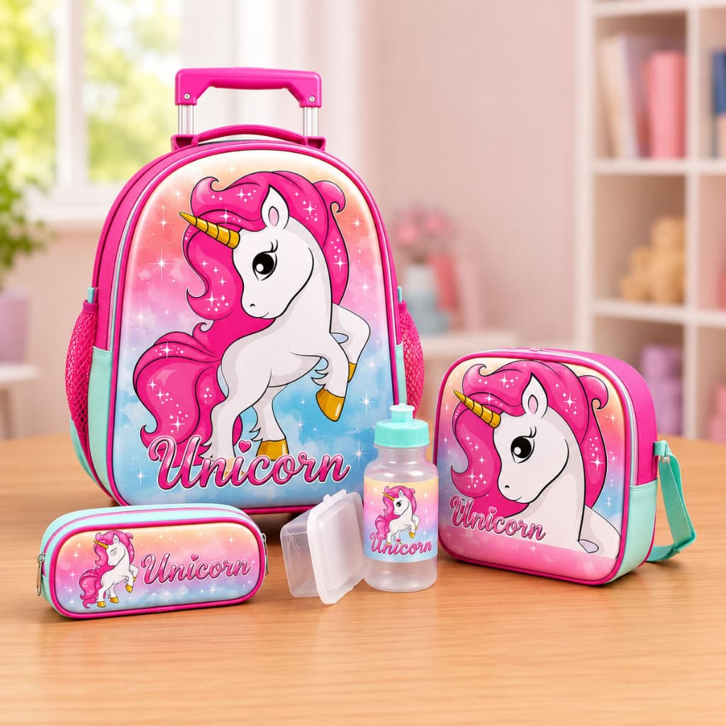 Kit Mochila Infantil De Rodinhas Unicórnio Escolar C/ Lancheira Estojo Garrafinha E Pote