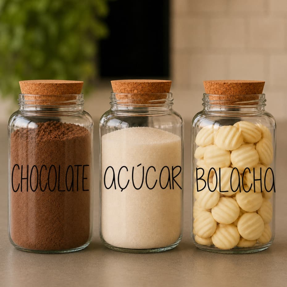 Kit Cantinho do Café – Chocolate + Açúcar + Bolacha | 3 Potes de Vidro 810ml com Tampa de Cortiça